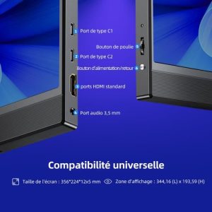 Moniteur portable EVICIV 15,6" IPS Full HD 1920 x 1080 - Noir - Type C et HDMI – Image 3