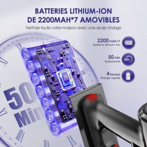 Aspirateur Balai Sans Fil 42000Pa/1.6L/50Min d'Autonomie, Aspirateur sans Fil Écran LED, avec 4 HEPA, pour Sols Durs/Tapis/Les – Image 2