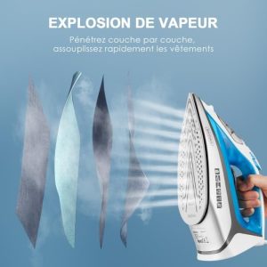 KotiCidsin Fer à repasser, 2400 W Fer à repasser Vapeur (300 ml,Chauffage rapide,système anti-calcaire,anti-goutte,fonction autonett – Image 2