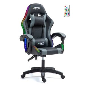 Chaise AMS-GAMING GAMER02-GREY-LED - coloris noir & gris - LED RGB 358 effets - Télécomande - Coussins lombaire & appuie-tête – Image 1