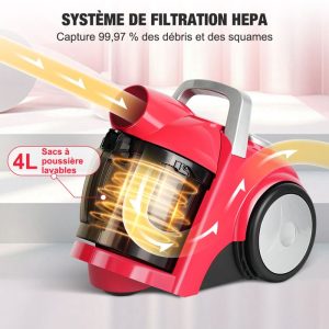 Aspirateur traineau compact et puissant sans sac 1200W - 40KPa - 4L - Filtration en 5 étapes HEPA - Avec 3 brosses – Image 4